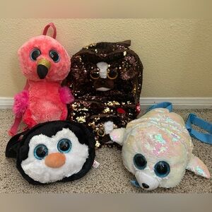 TY Fashion Flip Lot Sequins ICY seal Brutus Backpack / wristlet, Waddles penguin